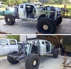 an off - road vehicle with large wheels and big tires is shown in three different pictures