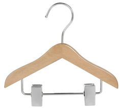 a wooden hanger with two metal clips