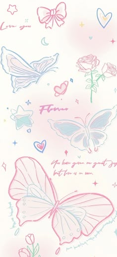 a drawing of butterflies and roses on a white background with words written in pink ink