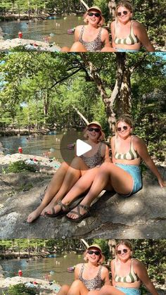 two women in bathing suits sitting next to each other on the rocks near a river