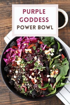 purple goddess power bowl with berries, spinach and feta cheese