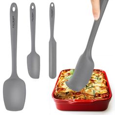 PRICES MAY VARY. Professional Set of Four—Mix, fold, frost, and scrape with our silicone spatula set! Each silicone baking set includes small and large spatulas, a spreader spatula, and a silicone spoon spatula for all your cooking and baking needs. Heat Resistant and Food-Safe—Our spatula cooking utensils are made of food-grade silicone that handles temperatures as high as 608°F. These mixing spatulas are BPA-free, so no harmful substances will seep into your food while you are using them. Strong and Durable—Say goodbye to plastic spatulas that snap or break easily! The interior of these silicone cake spatulas is reinforced with stainless steel all the way to the handle loop, making them tough and very sturdy for frequent use. Spatulas for Nonstick Cookware—No more scraping or scratching Baking Spatula, Baking Utensils, Spatula Set, Silicone Spatula, Nonstick Cookware, Baking Set, Silicone Baking, Kitchen Utensils Gadgets, Cooking Utensils