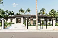 a rendering of a house with palm trees in the front yard and gated driveway