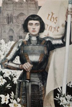 a painting of a woman dressed in armor holding a flag and standing next to flowers