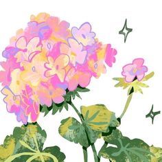 a painting of pink and yellow flowers with green leaves