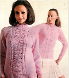 two women in pink sweaters and white skirt standing next to each other with their hands on their hips