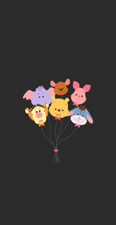 a bunch of winnie the pooh balloons with some animals on them, and one is holding