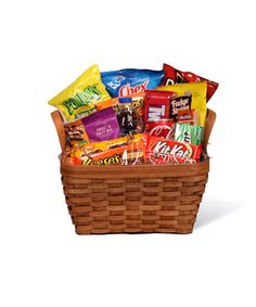 a basket filled with candy and snacks