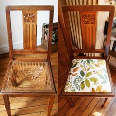 two wooden chairs sitting next to each other on top of a hard wood floored floor