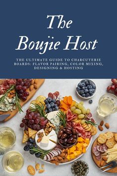 the bougie host book cover with cheese, crackers, grapes and nuts