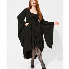 Torrid Witch Dress Lace Up Front Hi Lo Maxi Long Draping Bell Sleeves Very Little Stretch Lightweight And Flowy 2 Pockets Torrid 1 = 1x - 14 16 Nwt Morticia Addams Wednesday Addams Gothic Witchy Queen Of Darkness Halloween Spooky Witchcraft Costume Cosplay Alternative Tim Burton Dark Doll Babydoll Creepy Morticia Addams Wednesday, Addams Wednesday, White High Low Dress, Queen Of Darkness, Challis Dress, French Terry Dress, Plunging Neck Dress, Blue Flower Dress, Strapless Ruffle Dress