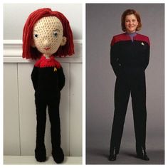 there are two pictures one has a crochet doll and the other has a knitted doll