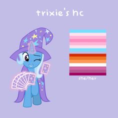 a little pony with a purple hat holding a fan and rainbow strips in front of it