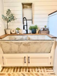 a kitchen sink sitting under a faucet next to a counter top with potted plants on it