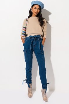 All eyes on you. The Eyes On You High Waisted Tie Ankle Jeans are stretch denim pants that feature a high rise waist, jogger silhouette, front pleats, functional side + cargo pockets, concealed front zipper, button loop closure, tie ankle detailing, and a removable tie waist belt. Style with pumps and a puffy blouse.     - 97% cotton, 3% spandex   - Hand wash cold  - 39” shoulder to hem  - 30” inseam, 11.5” rise   (approx, measured from small)  - Imported  - Model is wearing small    Product ID: Women With Belly, Puffy Blouse, Stretch Denim Pants, Future Wardrobe, Alternative Style, Closet Inspiration, Belt Style, Jacket Outfit, Plus Size Fashion For Women