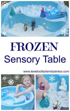 the frozen table is filled with toys and snowflakes for kids to play in