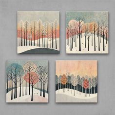 four paintings with trees in the snow