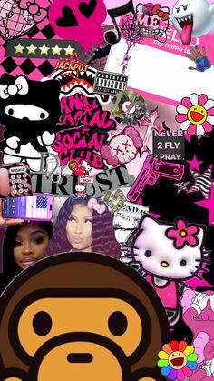 a collage of pink and black stickers with a monkey on the bottom right hand corner