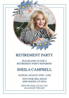 an image of a woman with flowers in her hair and the words retirement party on it