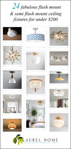 an advertisement for the new lighting fixture from laurel home, featuring images of different lights and fixtures