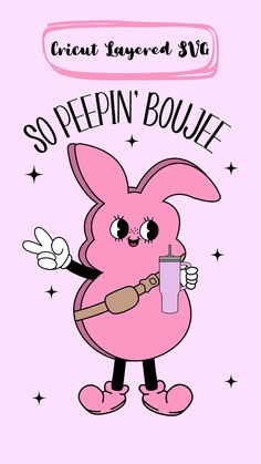 a pink bunny holding a baseball bat and a drink in it's hand, with the