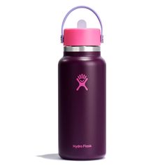 a purple hydro flask bottle with a pink lid