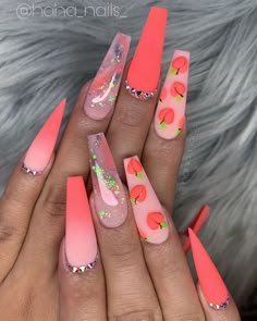 Peach Nail Art, Stone Nails, Ongles Bling Bling, Peach Nails, Long Acrylic Nail Designs, Modern Nails, Pink Acrylic Nails, Coffin Nails Designs, Pretty Acrylic Nails