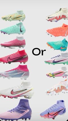 many different types of soccer cleats are shown in this graphic style, with the words or above them