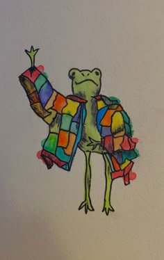 a drawing of a frog wearing a colorful jacket