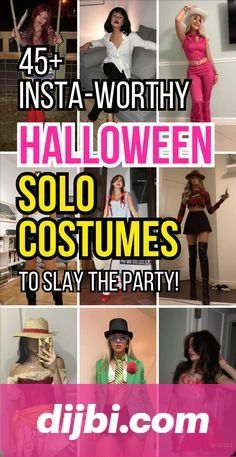 a collage of halloween costumes with the words, insta - worthy halloween solo costumes to slay therapy