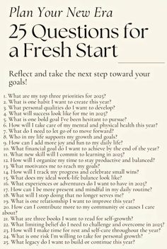 a poster with the words, plan your new era 25 questions for a fresh start