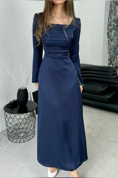 A Line Maxi Dress Formal, Dresses For Farewell Party In School, Modest Blue Dress, Modest Party Outfit, Modest Party Dress, Elegant Outfits For Women, Modest Formal Dress, Classy Modest Dresses, Satin Dress Outfit