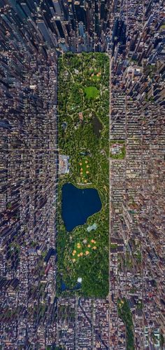 an aerial view of new york city from the air, looking down on central park