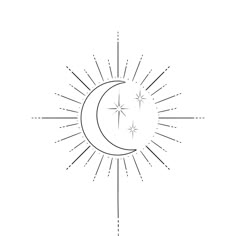 a drawing of the moon with stars in the sky and sunburst above it