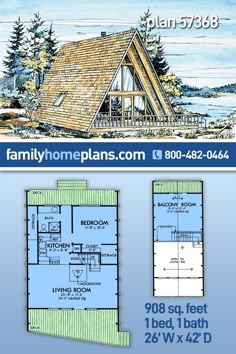 the floor plan for a small cabin with loft and living area, is shown in blue