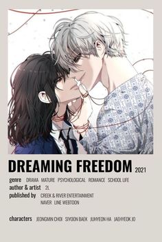 a couple kissing each other in front of a poster for dreaming freedom, with the caption