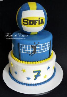 a volleyball themed cake with the number seven on top