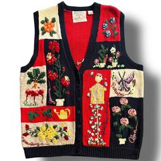 This vintage Marisa Christina sweater vest is a colorful addition to any casual outfit. The floral pattern and tight-knit fabric make it a perfect choice for the fall, winter, and spring seasons. The sleeveless design and V-neckline add a touch of elegance, while the button accents give it a unique feel. Made from a combination of ramie and cotton, this sweater vest is lightweight and comfortable. The XL size and regular fit make it suitable for most women. Whether you're going to a garden or ju Red Cotton Casual Sweater Vest, Casual Red Cotton Sweater Vest, Red Cotton Sweater Vest For Fall, Red Casual Sweater Vest For Spring, Casual Red Sweater Vest For Spring, Vintage Floral Print Cardigan For Winter, Vintage Floral Print Winter Cardigan, Retro Patchwork Vest For Fall, Vintage Sleeveless Sweater For Winter