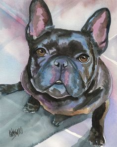 a watercolor painting of a black french bulldog