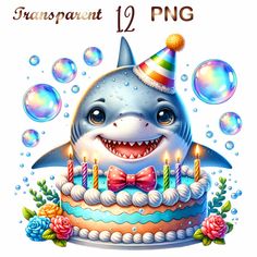 a birthday card with a cartoon shark wearing a party hat and holding a lit candle