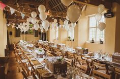 two photos side by side one has balloons and the other has tables with place settings