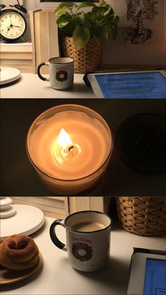 there is a coffee cup with a candle in it