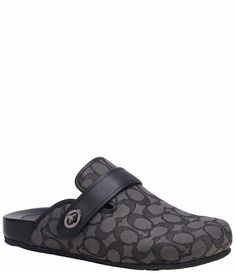 From COACH, the Men's Signature Logo Jacquard and Leather Clogs feature:Signature jacquard and leather upperSlip-on closureSynthetic leather lining and footbedRubber outsoleImported. Coach Clogs, Mens Sandals Fashion, Coach Men, Trendy Mens Fashion, Coach Shoes, Leather Clogs, S Signature, Sandal Fashion, Mens Sandals