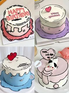 three different cakes with happy birthday written on the top and bottom one has a dog