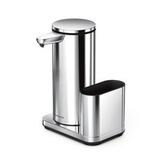 a modern stainless steel soap dispenser with black rubberized seat and lid