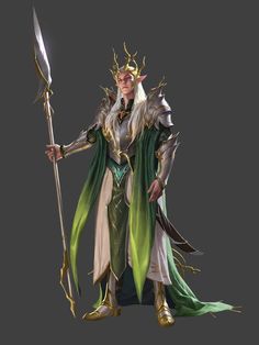 a woman dressed in green and gold holding a spear with two horns on her head