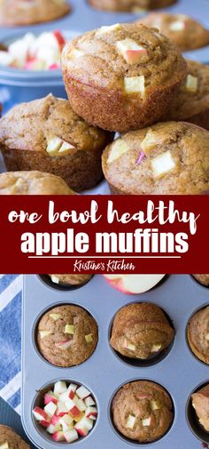 one bowl healthy apple muffins in a muffin tin with the title above it