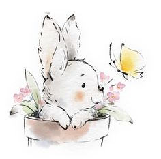 a watercolor drawing of a bunny in a pot with flowers and butterflies on it