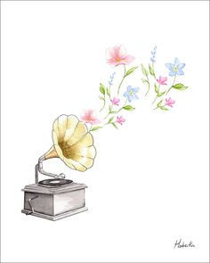 a drawing of an old fashioned record player with flowers coming out of it's horn