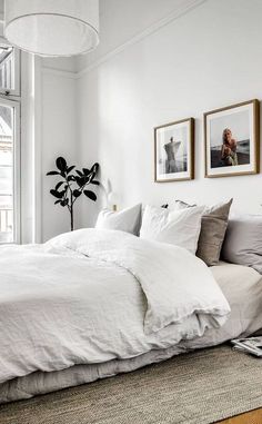 a white bedroom with pictures on the wall above the bed and below the bed is a plant